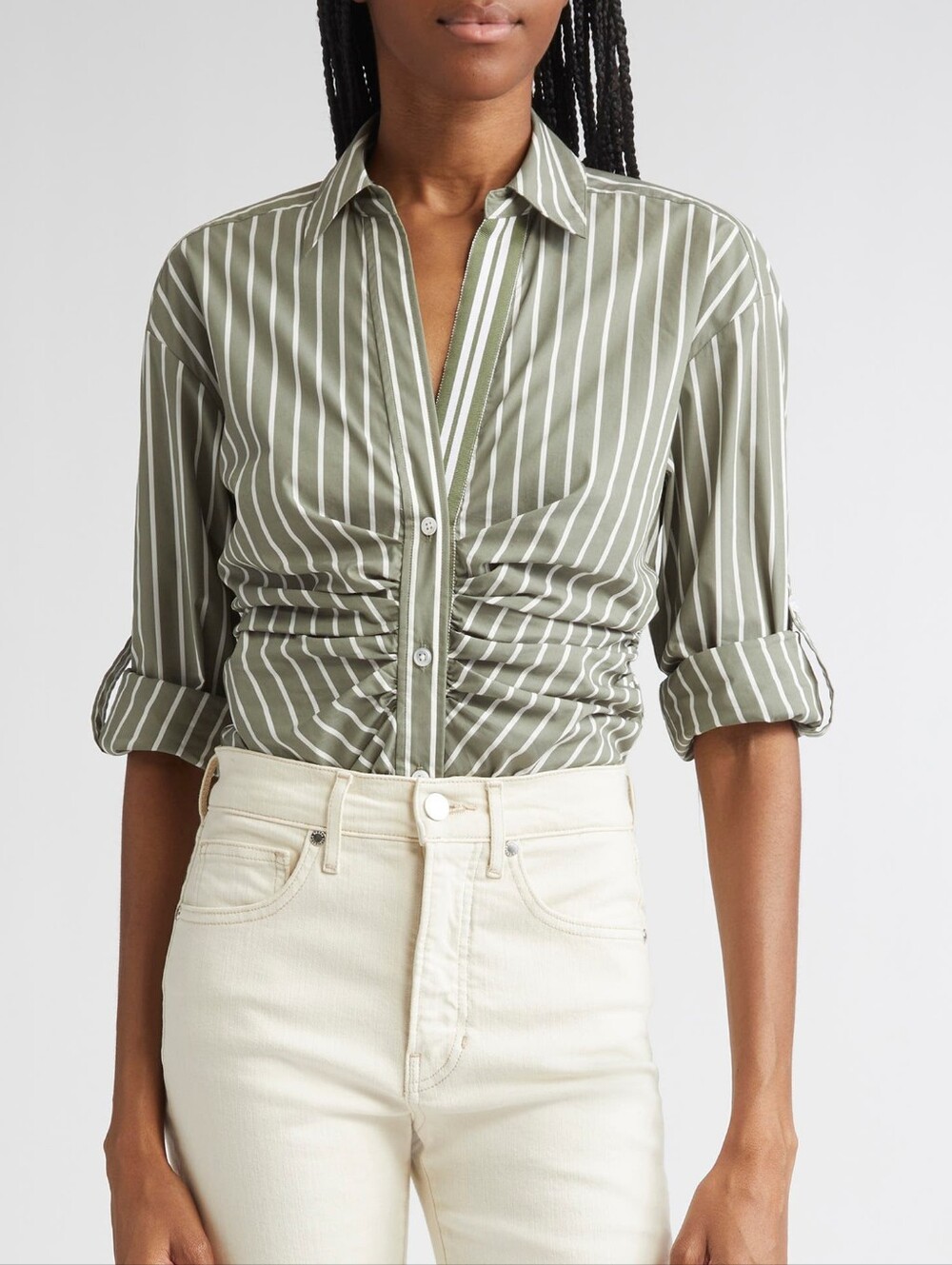 Veronica Beard Devra Stripe Ruched Cotton Blend Button-Up Shirt - Picture 2 of 8